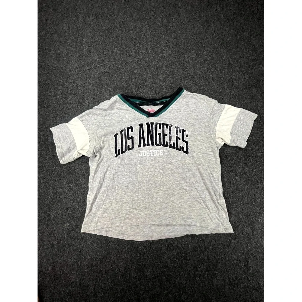 Justice T Shirt Girls S(7/8) Heather Gray Los Angeles Sequin Varsity V Neck